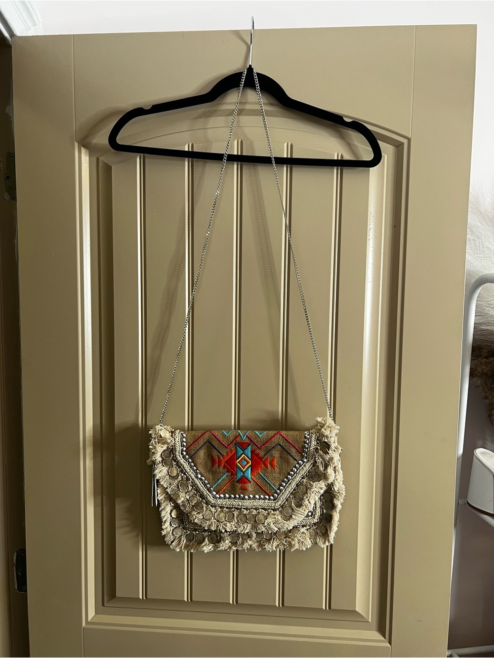 Boho Fringe Embroidered Crossbody Bag in Beige and Turquoise